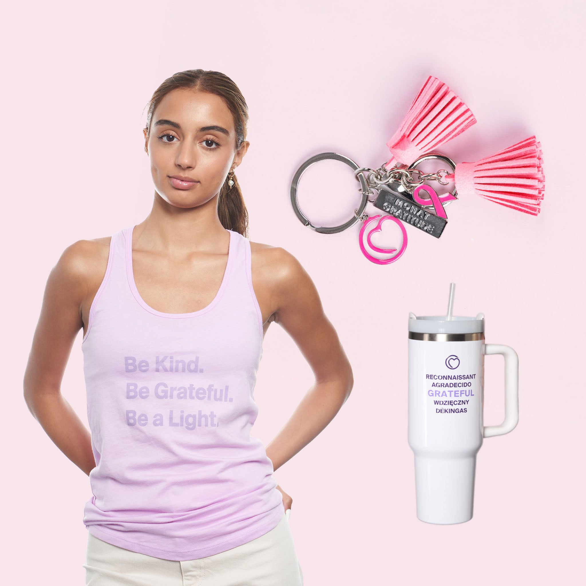 Pink keychain, pink Gratitude tank, Grateful tumbler.